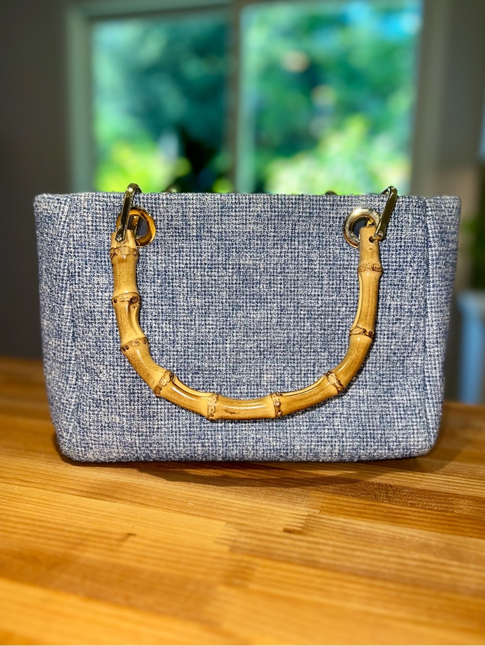 🩵J. McLaughlin Cindy Handbag • Blue Tweed w Bamboo Handles